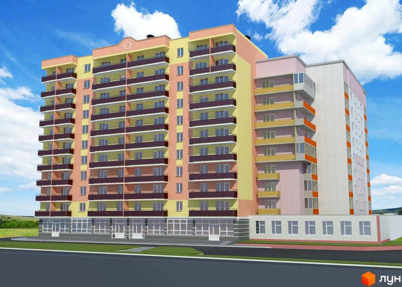 Житловий комплекс Соборний – багатоповерхова новобудова жовто-персикового кольору з білою цегляною секцією та балконами. Перед будинком дорога та зелене поле.