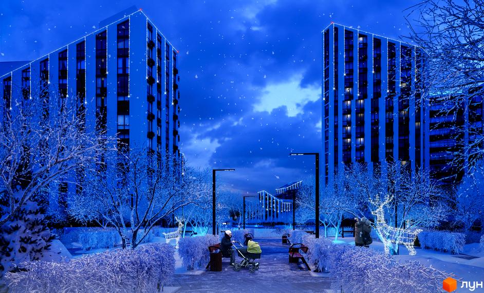 Зимовий вечір у Житловому комплексі Paradise Avenue: висотні будинки з новорічною ілюмінацією, засніжені дерева та прогулянкова алея.