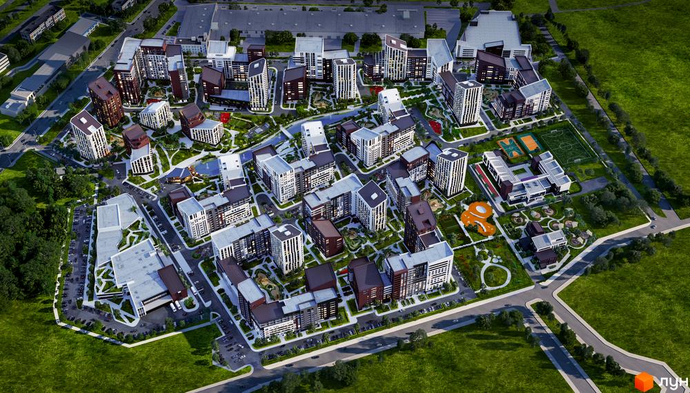 Зображення житлового району Paradise Avenue. Вид зверху на будинки з білими та коричневими фасадами, зелені дворики, дитячі майданчики та спортивні зони.