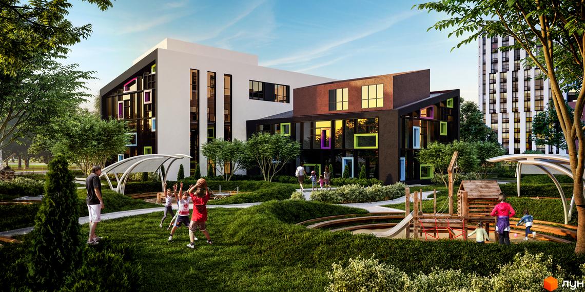 Зображення комплексу Paradise Avenue з кольоровими вікнами та дитячим майданчиком. Будівлі з газоном та деревами.