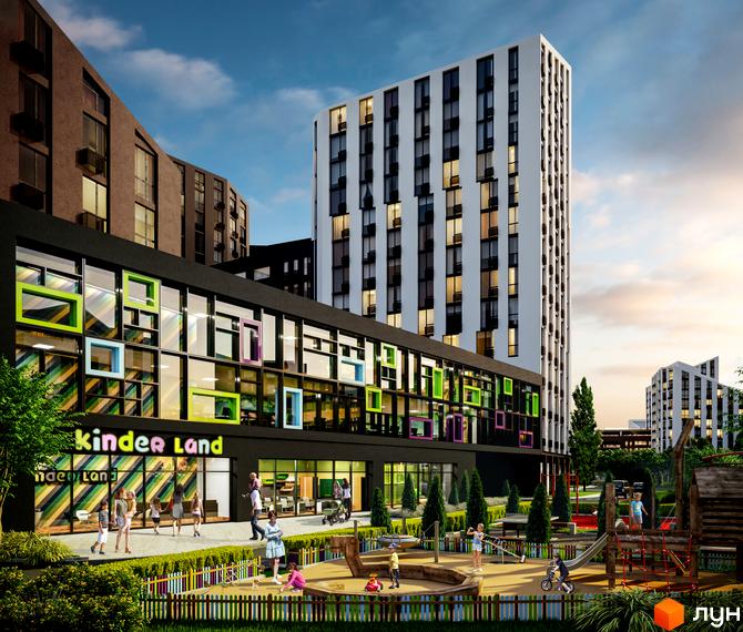 Зображення фасаду та дитячого майданчика Житлового комплексу Paradise Avenue. Висотки та будівля дитячого садка з кольоровими вікнами.