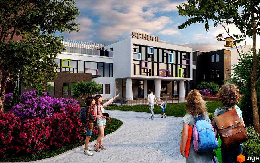 Зовнішній вигляд школи Paradise Avenue. Діти йдуть по доріжці до будівлі з яскравими вікнами.