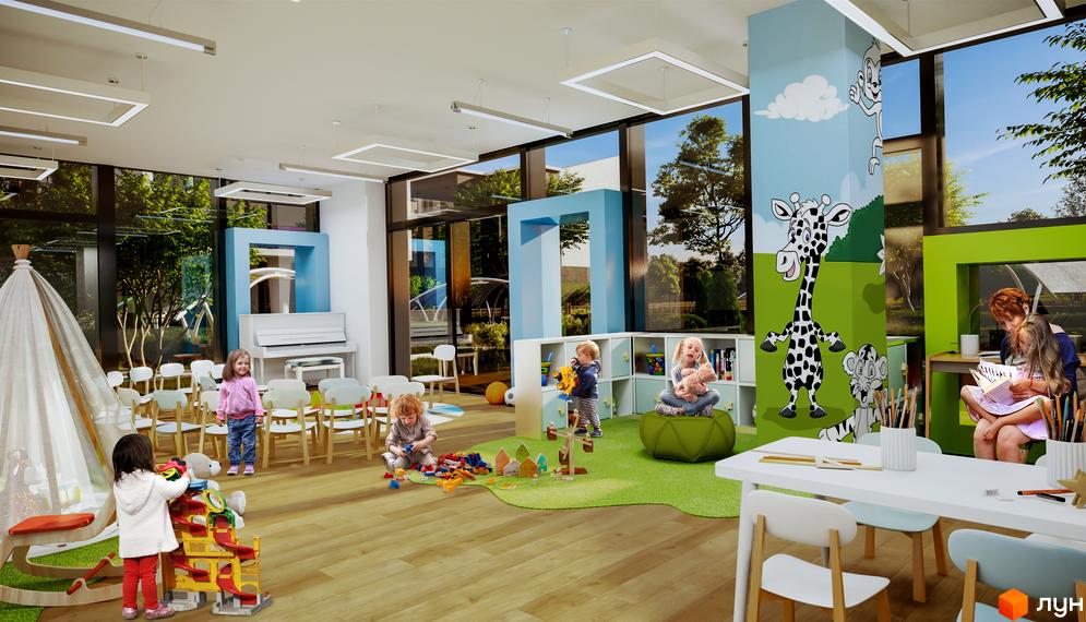 Інтер'єр дитячої кімнати в Житловому комплексі Paradise Avenue. Ігрова зона з меблями, дітьми та вихователями.