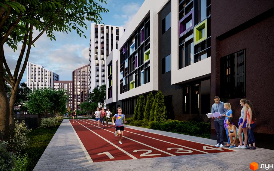Зображення Житлового комплексу Paradise Avenue. На фото будівля з кольоровими вікнами та діти на біговій доріжці.