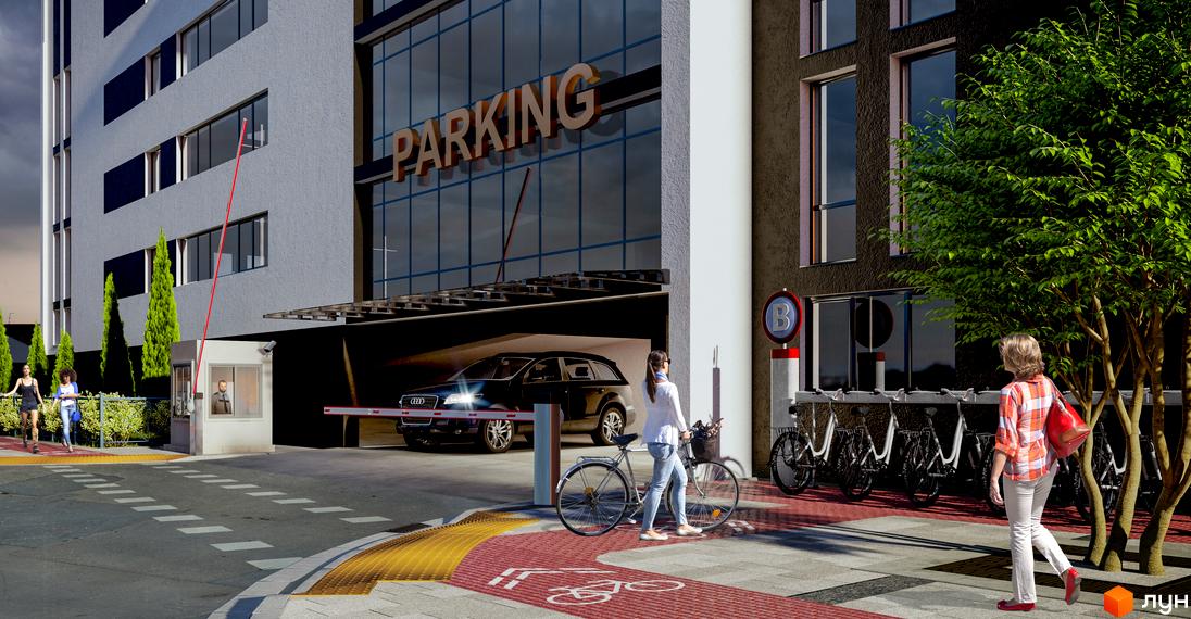 Зовнішній вигляд Новобудови Paradise Avenue з паркінгом. На передньому плані люди, велосипеди та зелені насадження.