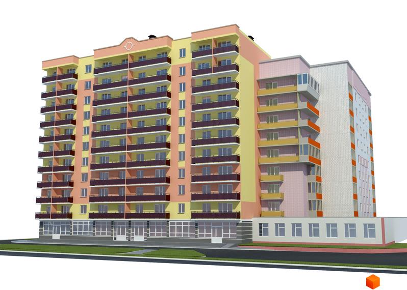 Житловий комплекс Соборний - багатоповерховий будинок з балконами та вікнами. Навколо будинку зелена зона та дорога.