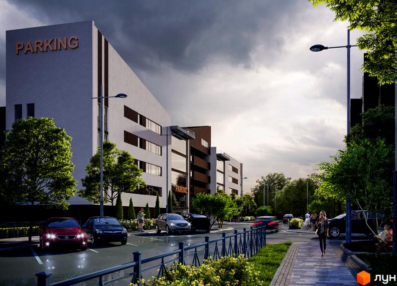 Зображення будівлі Житлового комплексу Paradise Avenue з паркінгом. На передньому плані вулиця з тротуаром та автомобілями.