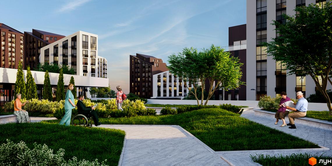 Зображення Житлового комплексу Paradise Avenue: вигляд новобудови та прибудинкової території з газонами, деревами та місцями для відпочинку мешканців.