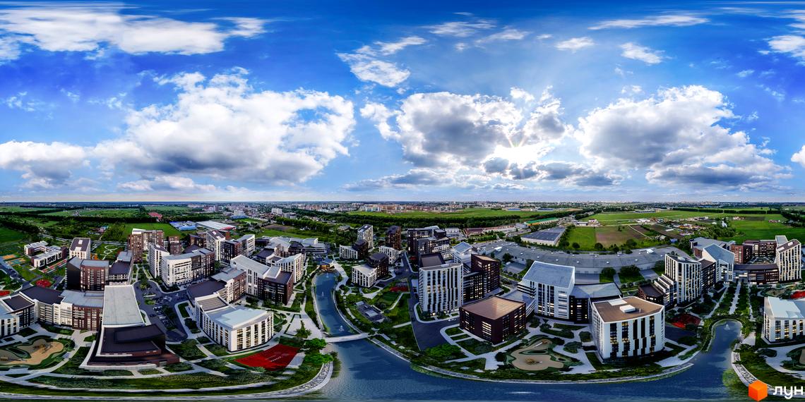 Панорамне фото Будівельного проєкту Paradise Avenue з висоти пташиного польоту. Вигляд на новобудови з облаштованою прибудинковою територією та водоймою.