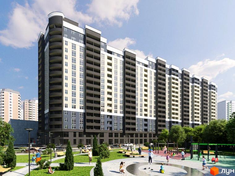 Зовнішній вигляд житлового комплексу Борисо-Глібський 2 з багатоповерховими будинками та прибудинковою територією з дитячим майданчиком та зонами відпочинку.
