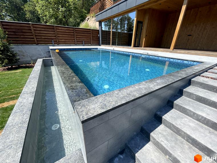 Фото басейну на території Котеджного містечка Нова Ходосівка. Ландшафтний дизайн з басейном та зоною відпочинку біля будинку.