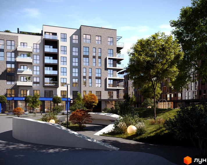 Житловий комплекс SKY CITY з сірою цегляною та білою фасадною обробкою, скляними балконами та зеленим ландшафтом з деревами та освітленням.