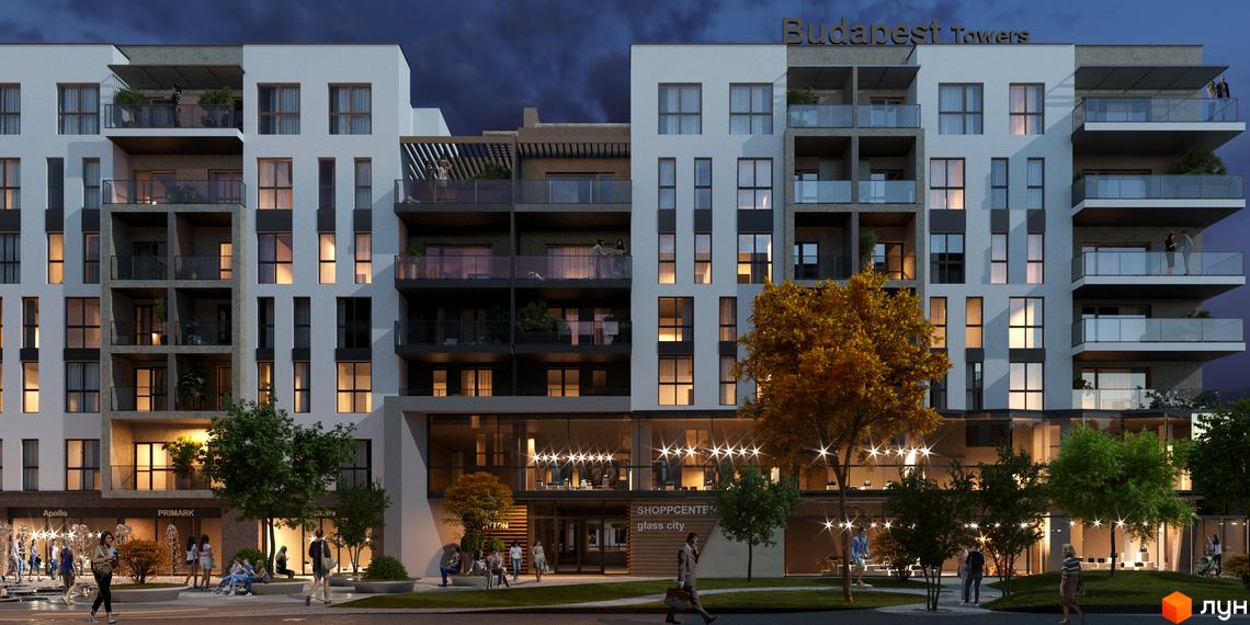 Житловий комплекс SKY CITY з фасадами білого кольору та скляними балконами. Навколо комплексу розташовані дерева та зона відпочинку з фонтанами.