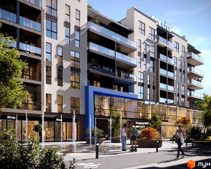Житловий комплекс SKY CITY з фасадами з цегли та скла, балконами та комерційними приміщеннями на першому поверсі. На прибудинковій території фонтани та зелені насадження.
