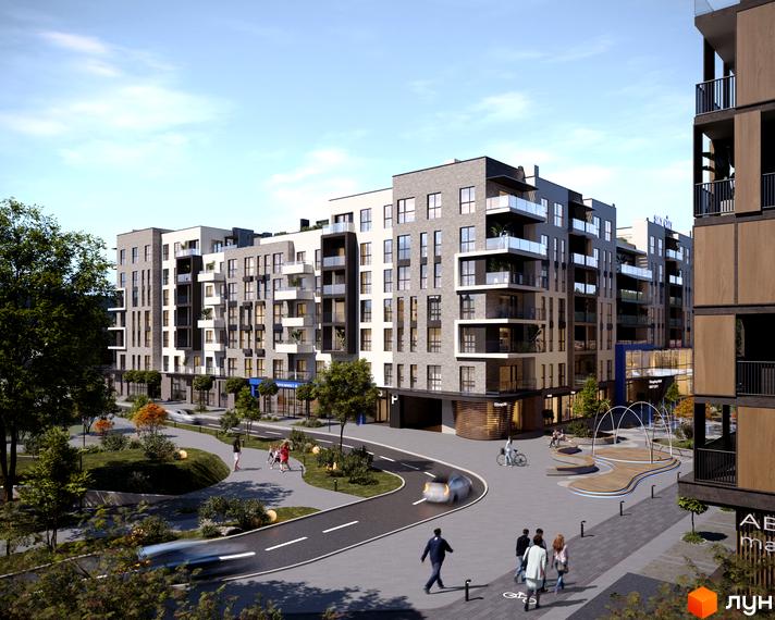 Житловий комплекс SKY CITY з архітектурою в стилі модерн та просторою прибудинковою територією з зонами відпочинку та озелененням.