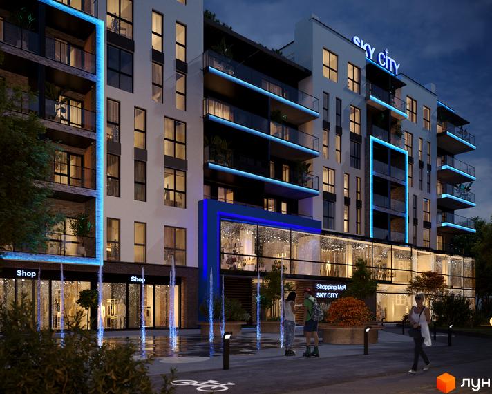 Житловий комплекс SKY CITY з фасадом, підсвіченим синіми неоновими смугами, та фонтанами на прибудинковій території. На першому поверсі розташовані магазини.