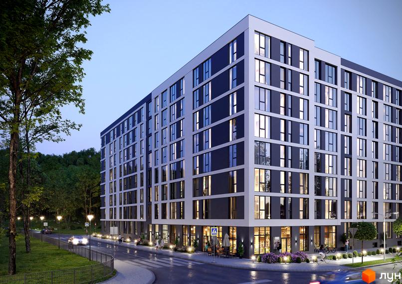 Зображення фасаду багатоповерхового будинку в Житловому комплексі ПАРУС COMFORT з великою кількістю вікон та прилеглою територією.