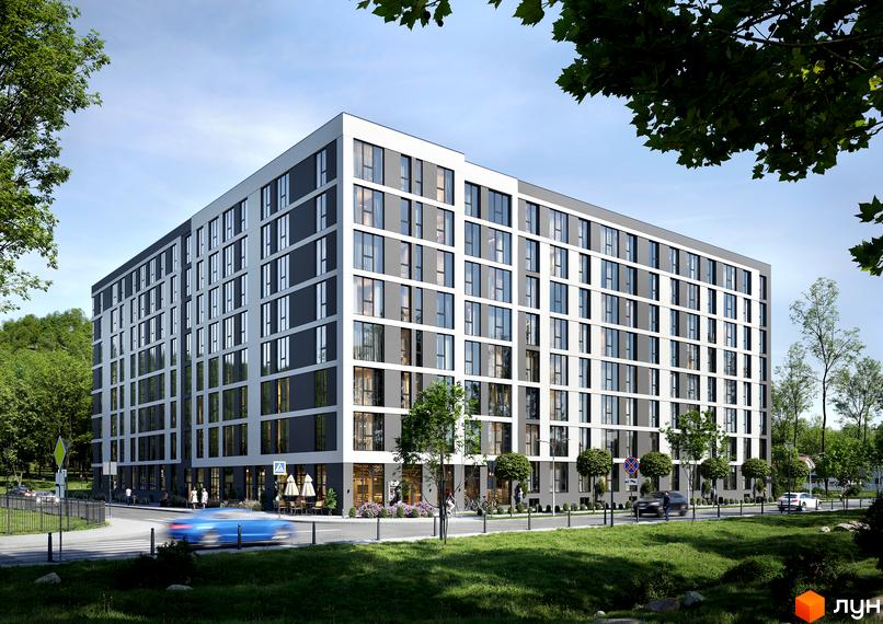 Зображення фасаду багатоповерхового будинку в Житловому комплексі ПАРУС COMFORT з великою кількістю вікон та озелененням навколо.