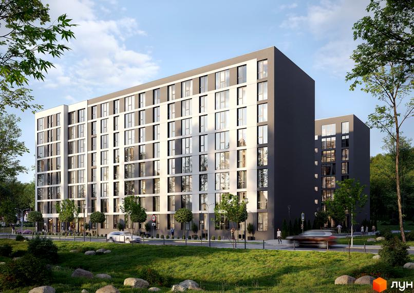 Зображення фасаду багатоповерхового будинку в Житловому комплексі ПАРУС COMFORT з великими вікнами та прилеглою зеленою територією.