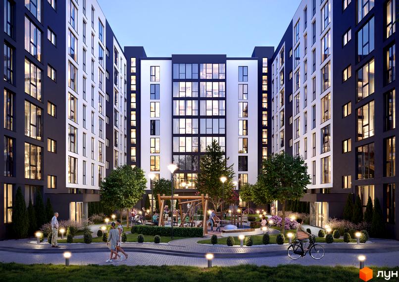Зображення фасаду та прибудинкової території Житлового комплексу ПАРУС COMFORT. На території є дитячий майданчик, лавки та освітлення.