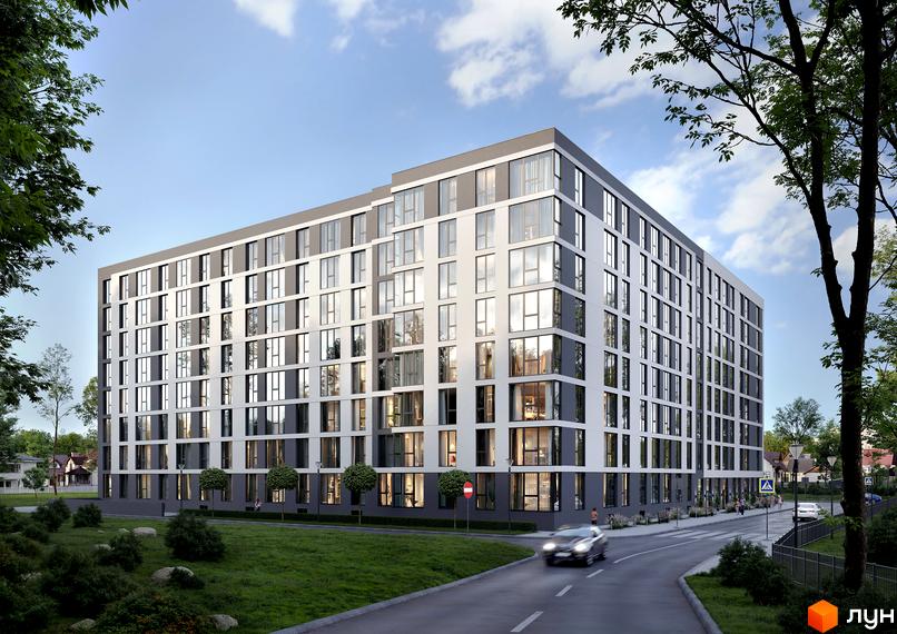 Зображення фасаду багатоповерхового будинку в Житловому комплексі ПАРУС COMFORT з великими вікнами та прилеглою зеленою територією.