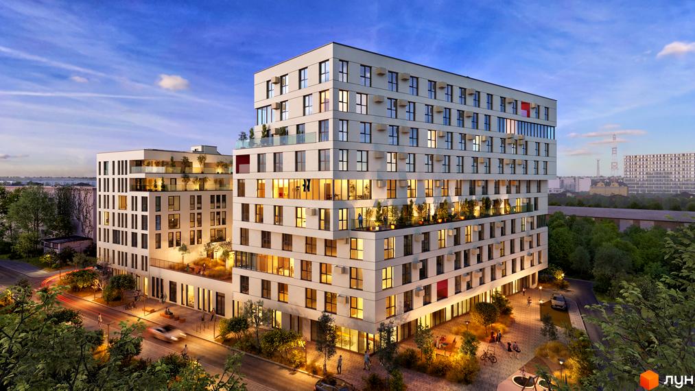 Новобудова ЖК GLOBUS BALANCE з білим фасадом та скляними балконами. Територія біля будинку з деревами, лавками та освітленням.