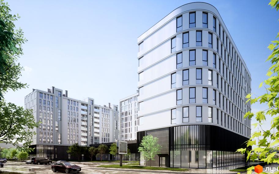 Зображення фасаду та прибудинкової території Житлового комплексу Kniahynyn-Center. На передньому плані будівля з великими вікнами.
