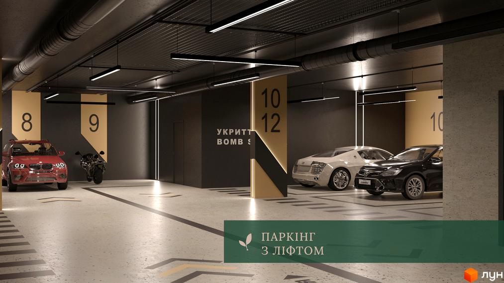 Паркінг житлового комплексу з місцями для автомобілів та мотоциклів. На території є ліфт, що забезпечує зручність для мешканців.