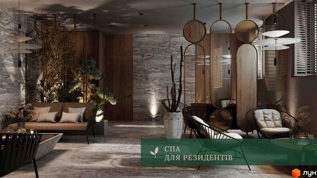 Інтер'єр зони відпочинку в ЖК Park House. Простір оформлено у світлих тонах, з використанням природних матеріалів та рослинності.