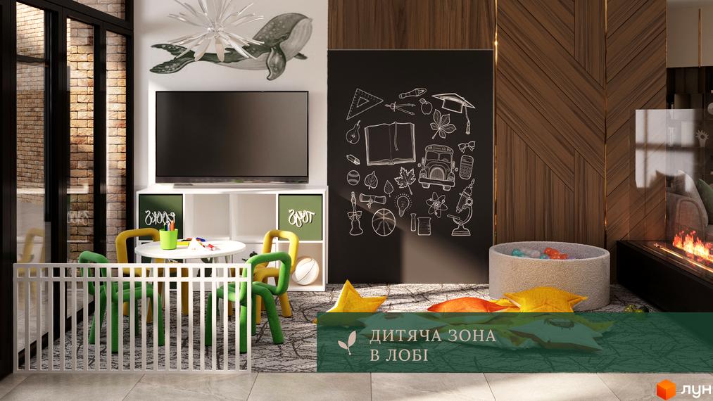 Дитяча зона в ЖК Park House з білим дитячим захисним огородженням, круглим столом та стільцями. На стіні намальовані шкільні предмети.