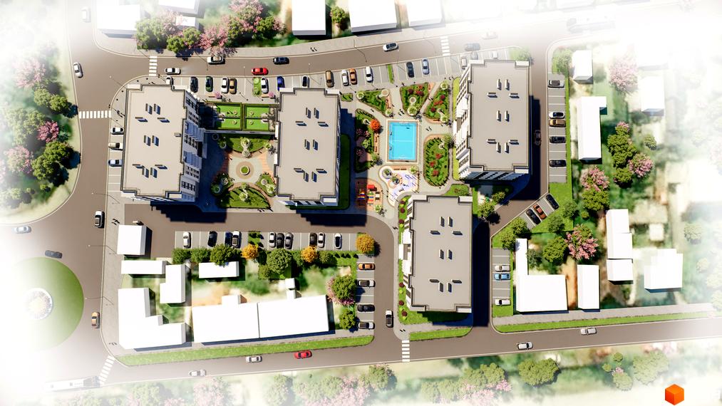 Вид зверху на житловий комплекс MISTO з сучасними будинками та доглянутою прибудинковою територією з басейном та зонами відпочинку.
