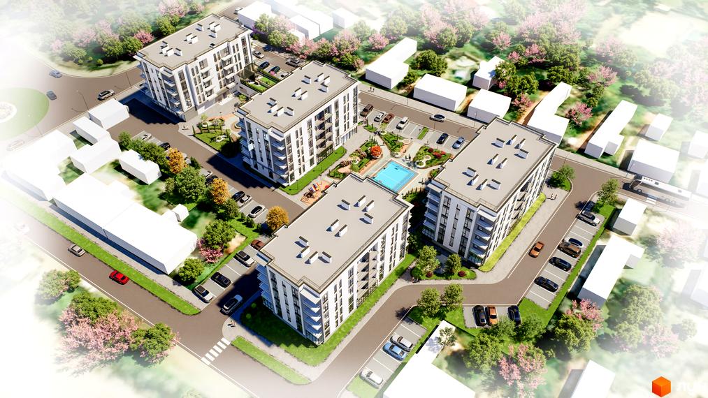 Комплекс MISTO з білими фасадами, балконами та басейном на прибудинковій території. Навколо зелені насадження та місця для паркування.