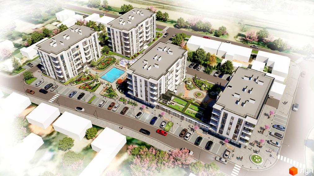 Житловий комплекс MISTO: сучасна новобудова з басейном та зеленими зонами. Оглядовий вид на будівлі та прибудинкову територію з паркінгом та дитячим майданчиком.