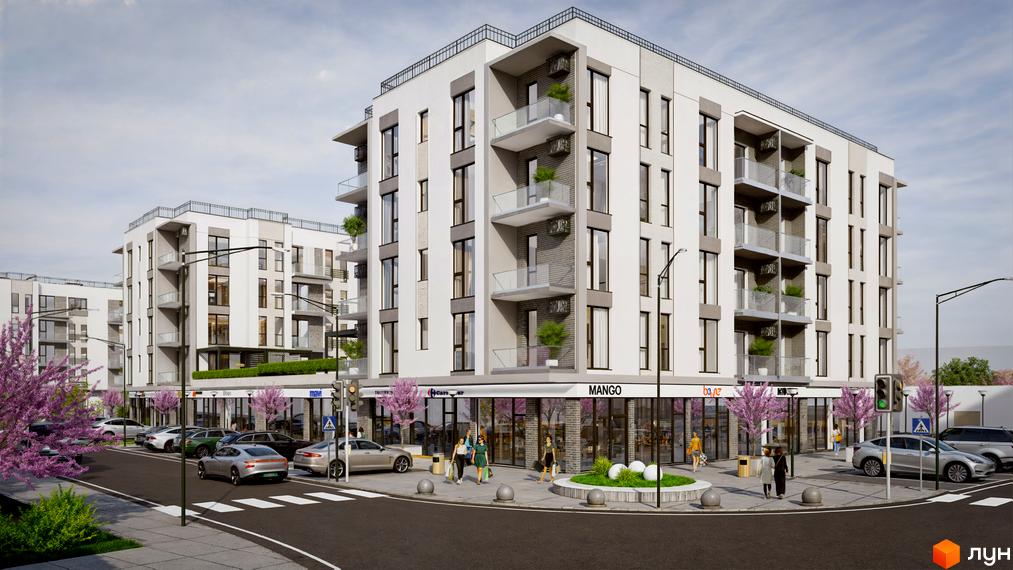 Зовнішній вигляд житлового комплексу MISTO з фасадами білого та сірого кольорів, балконами та комерційними приміщеннями на першому поверсі. На прибудинковій території розташовані дерева та автомобілі.