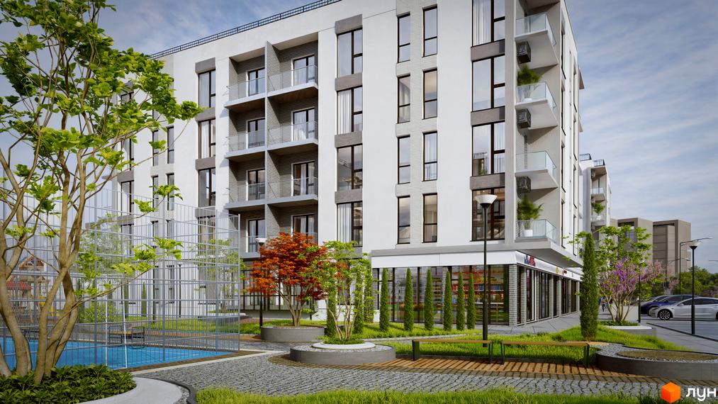 Зовнішній вигляд житлового комплексу MISTO з балконами та великими вікнами, поруч розташована зона відпочинку з басейном та зеленою зоною.