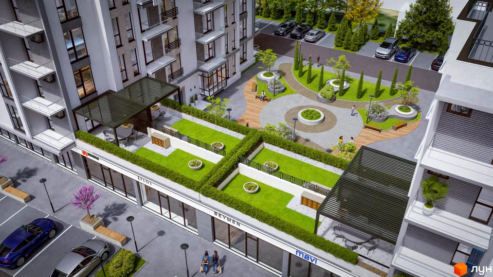 Житловий комплекс MISTO. Зовнішній вигляд будинку з терасами та прибудинковою територією з зеленими зонами та місцями для відпочинку.