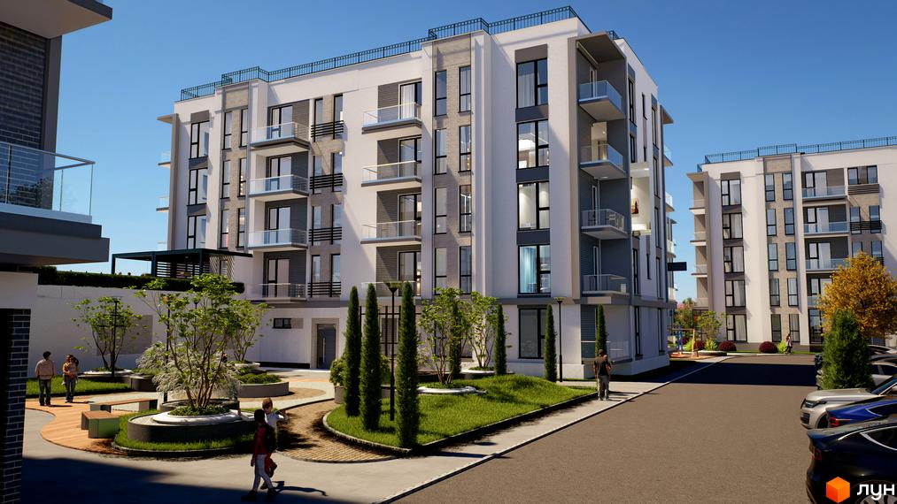 Житловий комплекс MISTO. Зовнішній вигляд будівель та прибудинкова територія з зеленими насадженнями та зонами відпочинку.