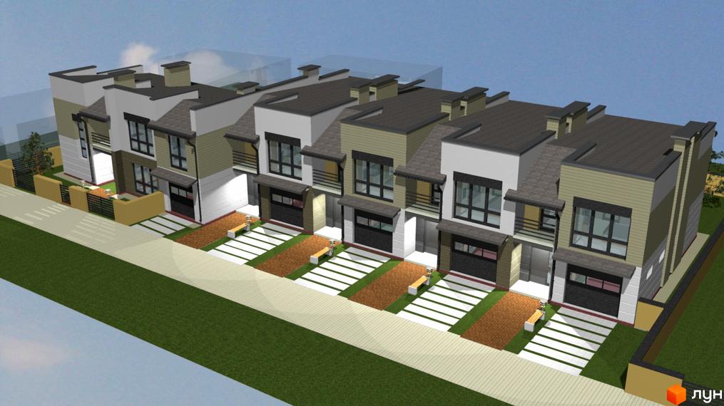 Зовнішній вигляд таунхаусів Vlasne 4 з гаражами та індивідуальними ділянками. На території розміщені лавки та доріжки.