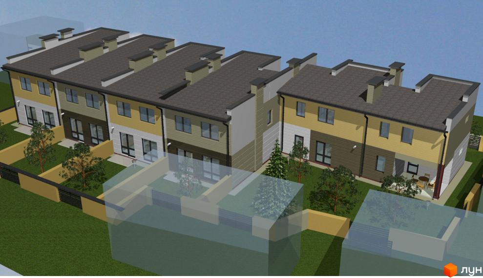 Таунхауси Vlasne 4 – це низка двоповерхових будинків з сірими дахами та жовто-коричневими фасадами, розташованих на зеленій ділянці з деревами та огородженою територією.