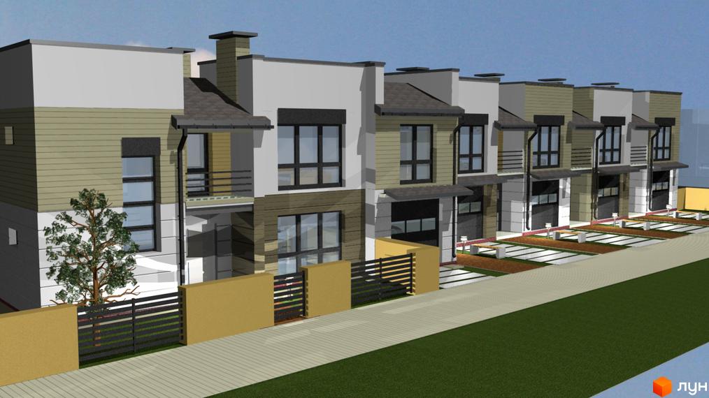 Зовнішній вигляд таунхаусів Vlasne 4 з фасадами, що комбінують дерево та штукатурку, та прибудинковою територією з паркомісцями та освітленням.