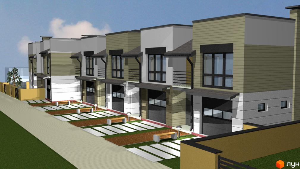Зовнішній вигляд таунхаусів Vlasne 4 з сірими та бежевими фасадами, вікнами та балконами, а також прибудинкова територія з ландшафтним дизайном та зонами відпочинку.