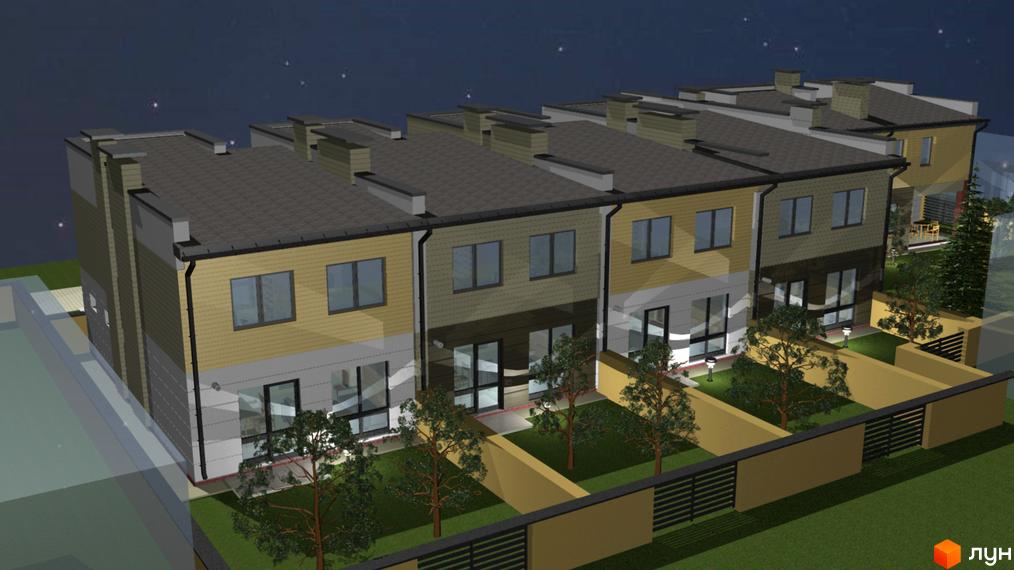 Таунхауси Vlasne 4: фасади будівель з вікнами та дверима, огороджені ділянки з деревами та парканом.