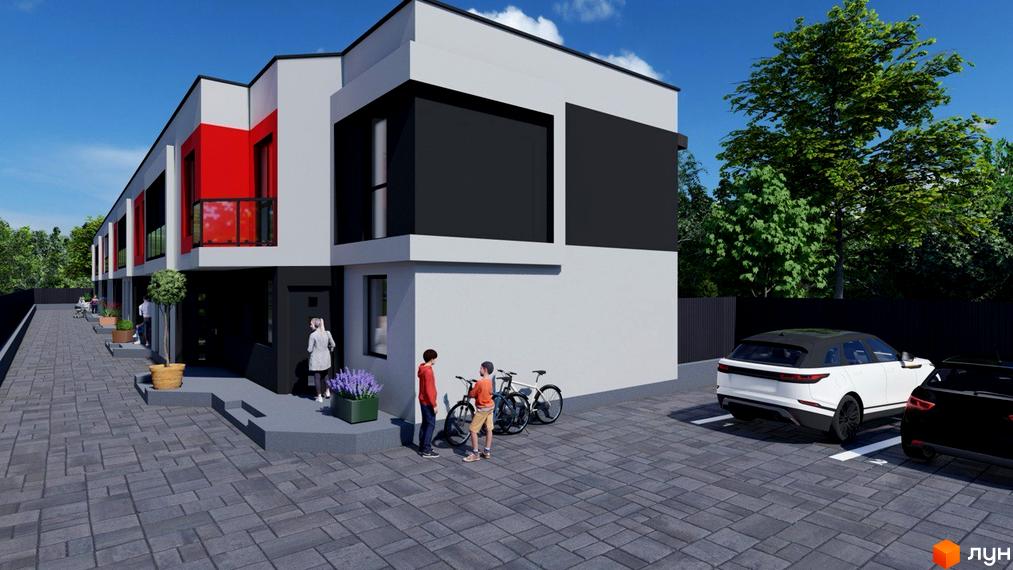 Таунхауси Belissimo: ряд двоповерхових таунхаусів з білими, сірими та червоними фасадами. Прибудинкова територія облаштована бруківкою, парковкою та зеленими насадженнями.