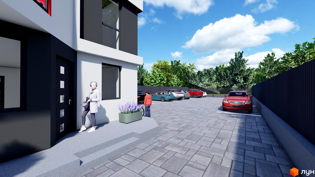 Фасад Таунхаусів Belissimo виконаний у білому та темно-сірому кольорах з великими вікнами. На прибудинковій території розташований вимощений паркінг для автомобілів та зелені насадження.