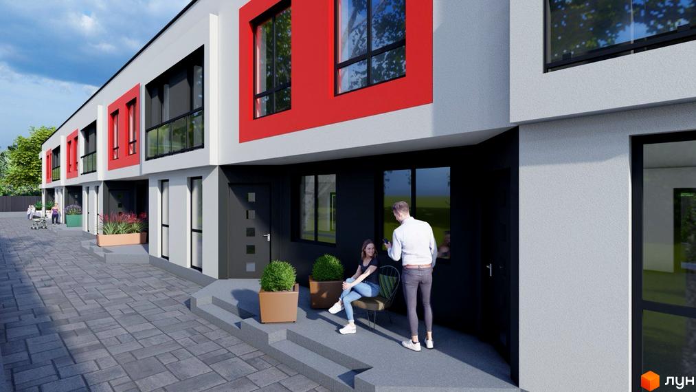 Таунхауси Belissimo: ряд двоповерхових будівель з білими, темно-сірими фасадами, червоними віконними рамами та вимощеною територією.