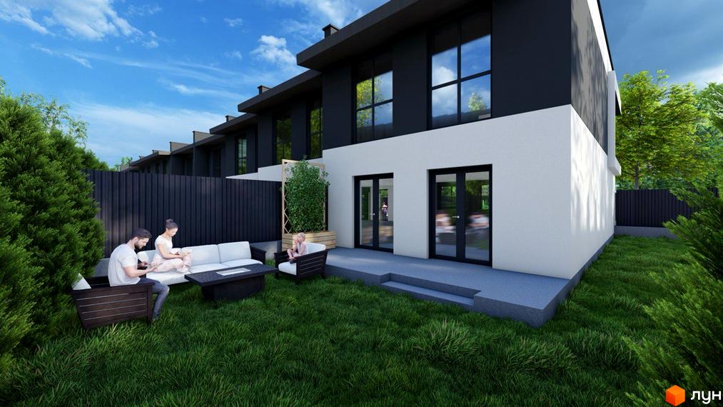 Таунхауси Belissimo з двоколірним фасадом та великими вікнами. Перед будинком зелений газон з патіо та садовими меблями.