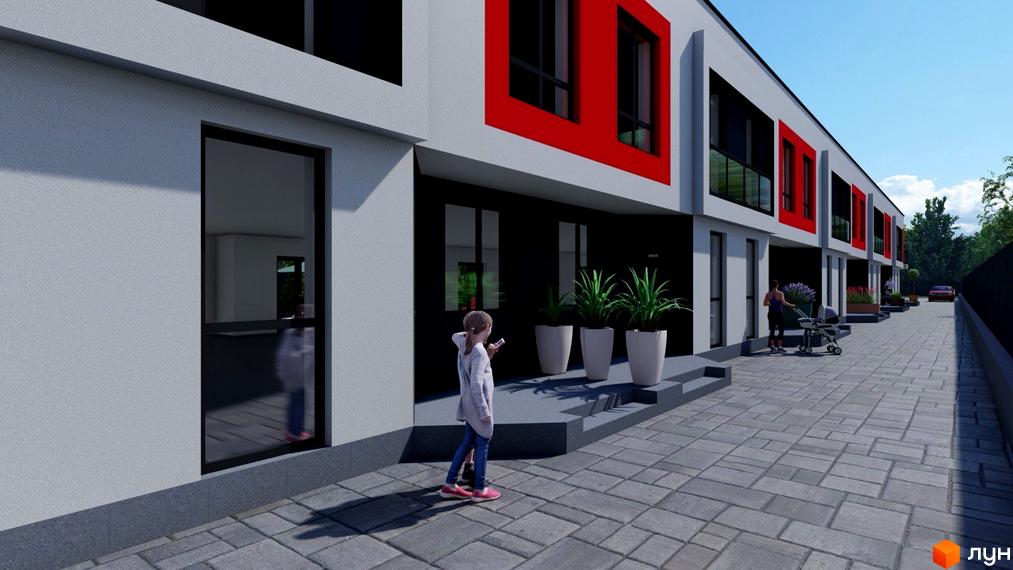 Ряд білих таунхаусів Belissimo з червоними віконними рамами та чорними вікнами. Перед будинками вимощена доріжка та зелені рослини.