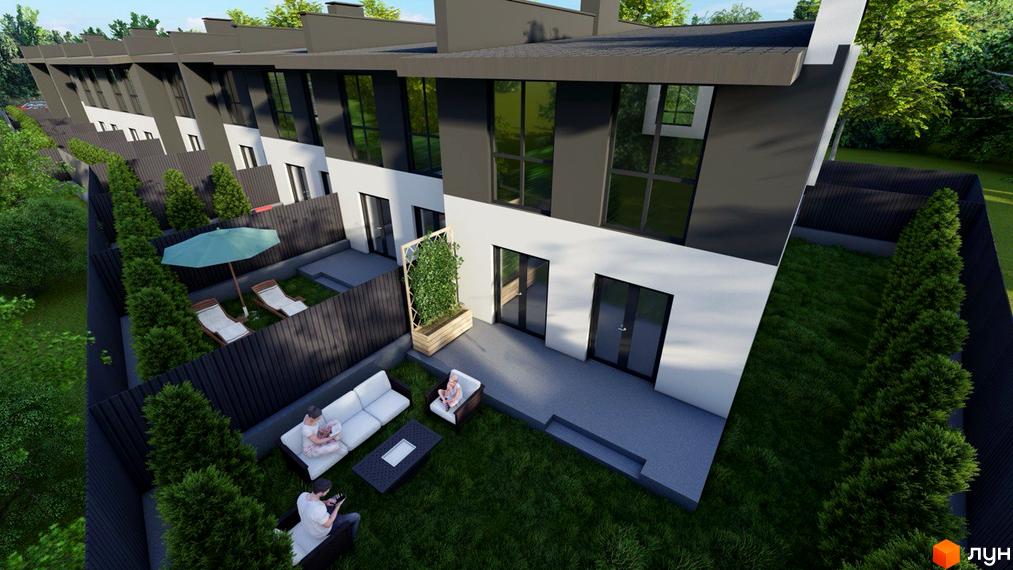 Ряд таунхаусів Belissimo з темно-сірими верхніми поверхами та білими нижніми, великі вікна. Приватні дворики з газоном та зоною відпочинку.