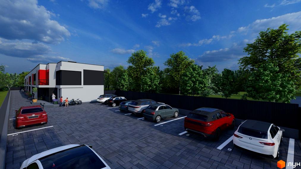 Зображення таунхаусів Belissimo з парковкою для авто. Вигляд екстер'єру та прибудинкової території.