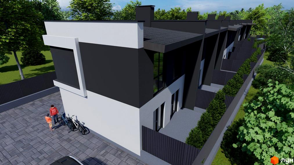 Ряд таунхаусів Belissimo з чорно-білим фасадом та великими вікнами. Перед будинками брукована територія з людьми та велосипедами, поруч зелені насадження.